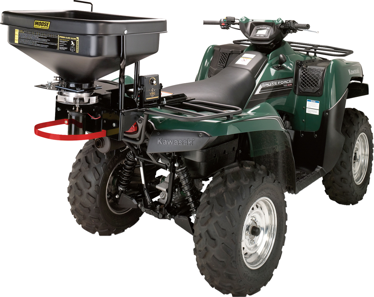 A green Kawasaki four-wheeler ATV is shown with large, rugged tires. Mounted on the rear rack is a black MOOSE brand seed or salt spreader with a hopper and spinning mechanism, attached securely to the vehicle.