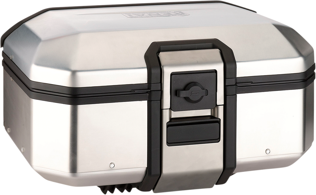 A silver, rectangular metal storage case with a black trim and sturdy latch on the front. The case features rounded edges, a flat top, and appears durable, likely designed for secure transport or use on vehicles such as motorcycles.
