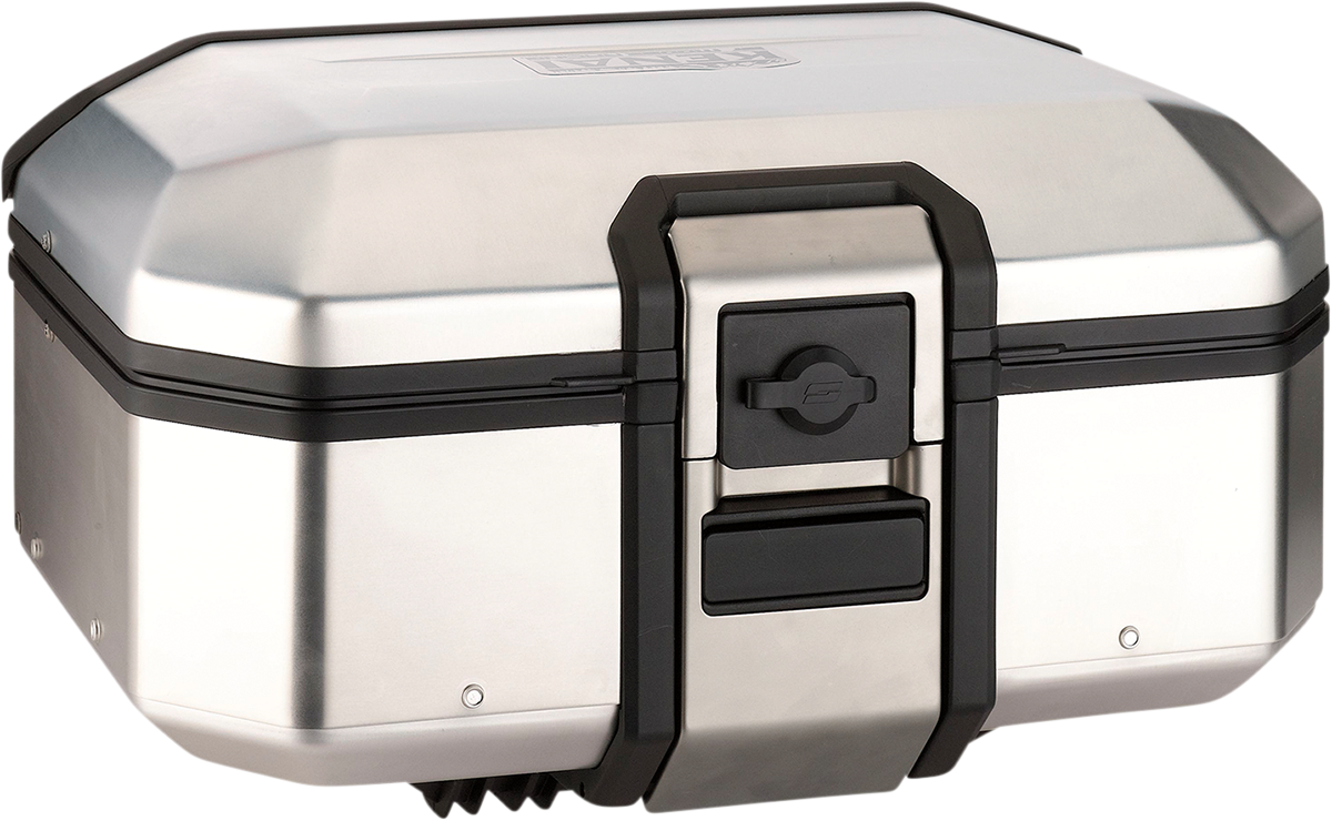 A silver, rectangular metal storage case with a black trim and sturdy latch on the front. The case features rounded edges, a flat top, and appears durable, likely designed for secure transport or use on vehicles such as motorcycles.