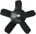 A black, five-blade fan with a central round motor housing, viewed from above on a plain white background. The blades are evenly spaced and slightly curved, and the motor housing has visible screws and a textured surface.