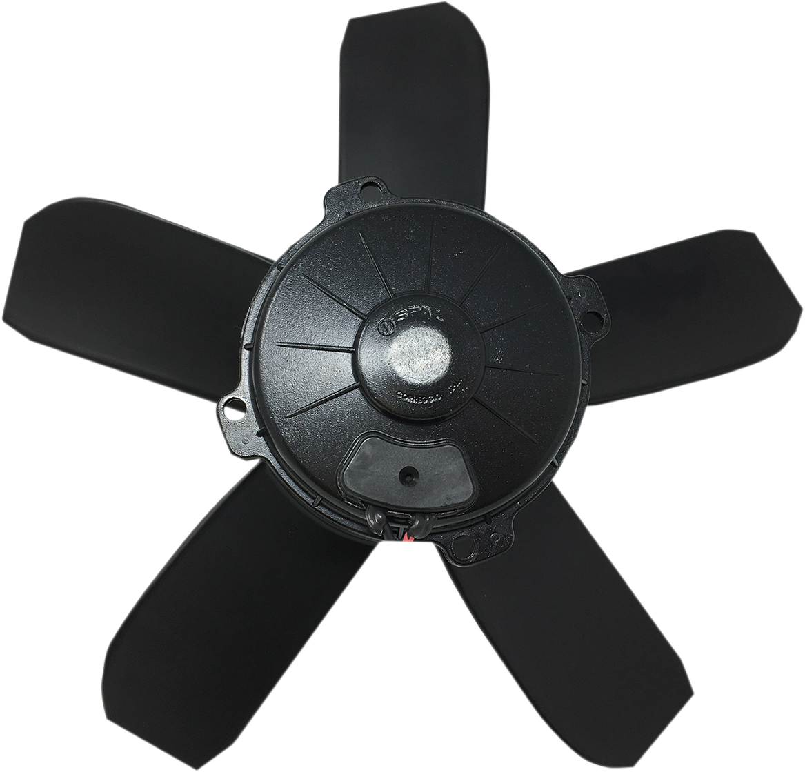 A black, five-blade fan with a central round motor housing, viewed from above on a plain white background. The blades are evenly spaced and slightly curved, and the motor housing has visible screws and a textured surface.