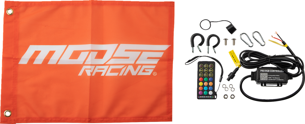 An orange Moose Racing flag with white text is on the left. On the right are LED controller components: a remote, wiring, a receiver box, U-bolts, screws, rings, an O-ring, and a clip, all arranged neatly on a white background.