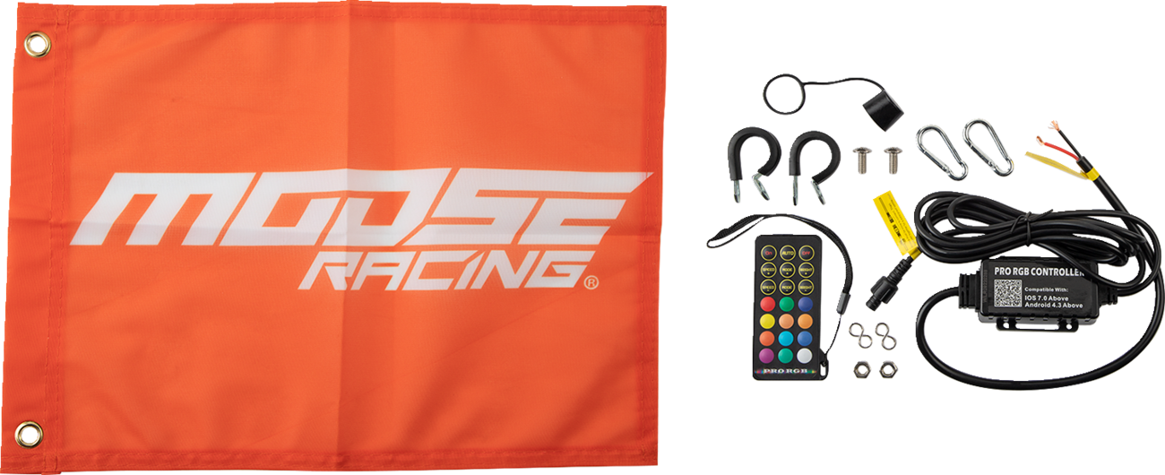 An orange Moose Racing flag with white text is on the left. On the right are LED controller components: a remote, wiring, a receiver box, U-bolts, screws, rings, an O-ring, and a clip, all arranged neatly on a white background.