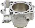 A close-up view of a machined metal engine cylinder component with a large circular opening, multiple smaller holes, smooth silver surface, and various protrusions, grooves, and threaded port, set against a plain white background.