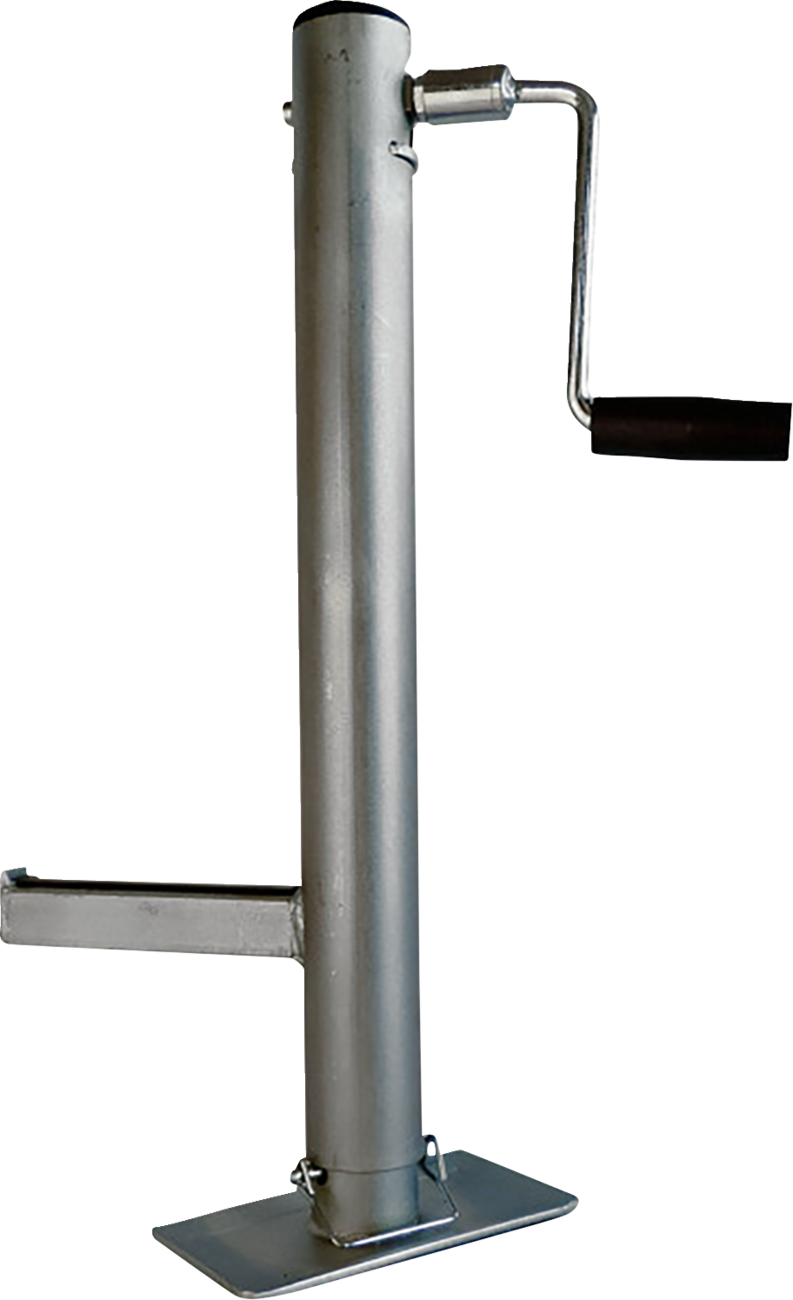 A metal trailer jack with a cylindrical vertical body, a rectangular base plate, and a horizontal black handle attached to a crank for manual lifting or lowering. The jack is designed for supporting and leveling trailers.