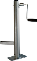 A metal trailer jack with a cylindrical vertical body, a rectangular base plate, and a horizontal black handle attached to a crank for manual lifting or lowering. The jack is designed for supporting and leveling trailers.