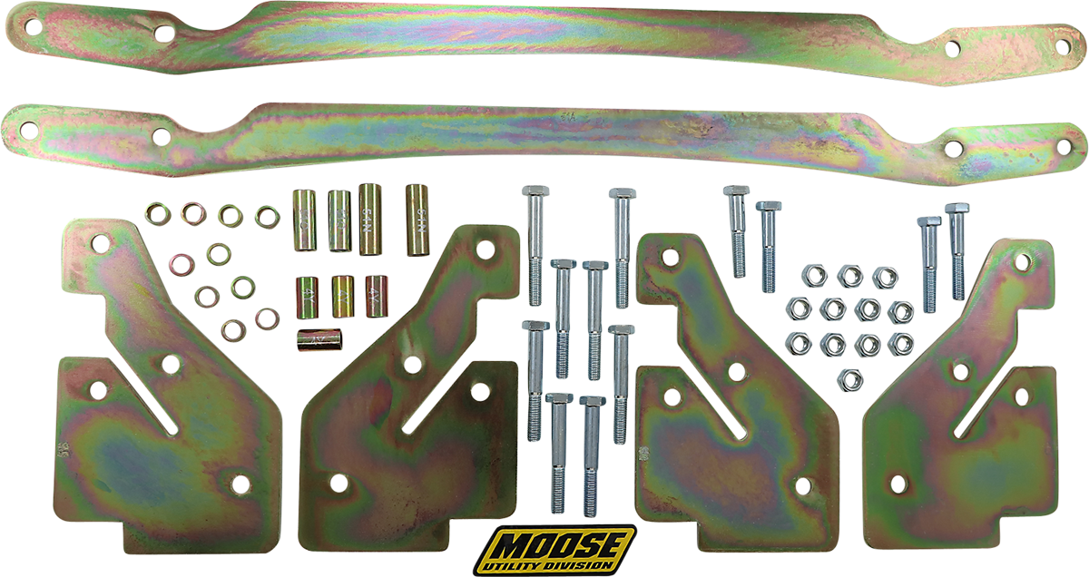 Metal bracket kit includes four iridescent plates, two curved support bars, various bolts, washers, and nuts, all neatly arranged on a white background. Centered at the bottom is a yellow Moose Utility Division logo.
