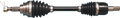 A close-up of a cars CV axle shaft, showing two black rubber boots with metal clamps on each end, and metallic splined ends for attachment. The component is clean, lying horizontally against a white background.
