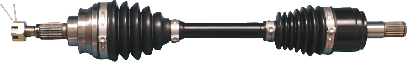 A close-up of a cars CV axle shaft, showing two black rubber boots with metal clamps on each end, and metallic splined ends for attachment. The component is clean, lying horizontally against a white background.