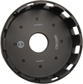 A black, circular metal motorcycle clutch basket with evenly spaced rectangular slots around the perimeter. The center has a large hole, and white text reads “CRF250R,” “1132-0618,” and other identifying numbers. The surface has a matte finish.