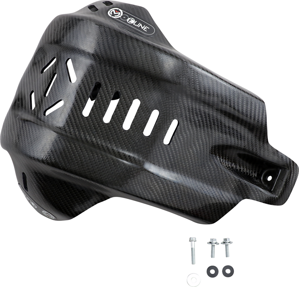 A black carbon fiber motorcycle skid plate with multiple vents and diagonal slits for airflow, shown with three mounting bolts, a nut, and a washer arranged below it on a light background. The skid plate features a small white and red logo.