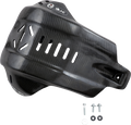 A black carbon fiber motorcycle skid plate with multiple vents and diagonal slits for airflow, shown with three mounting bolts, a nut, and a washer arranged below it on a light background. The skid plate features a small white and red logo.