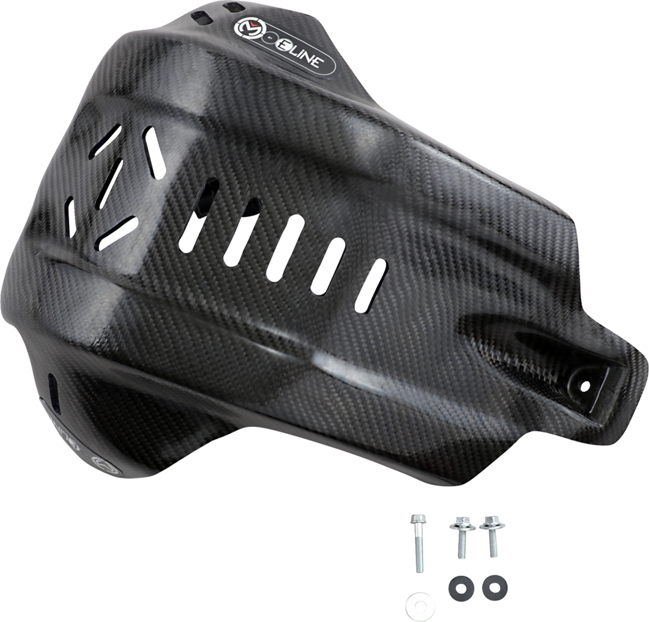 A black carbon fiber motorcycle skid plate with multiple vents and diagonal slits for airflow, shown with three mounting bolts, a nut, and a washer arranged below it on a light background. The skid plate features a small white and red logo.