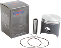 A Vertex piston kit displayed on a white background, featuring a branded box, a metallic piston, a cylindrical wrist pin, two circlips, and two thin piston rings laid out neatly in front of the box.