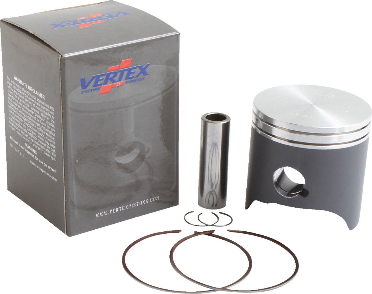 A Vertex piston kit displayed on a white background, featuring a branded box, a metallic piston, a cylindrical wrist pin, two circlips, and two thin piston rings laid out neatly in front of the box.