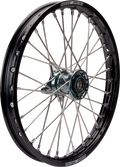 A close-up view of a black spoked motorcycle wheel rim with “Moose Racing” branding on the outer edge, metal spokes radiating from the central hub, and a shiny silver axle hole in the middle. The background is plain white.