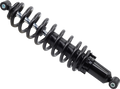 A black, coiled metal shock absorber with a visible silver piston rod and mounting eyelets at each end, designed to dampen vibrations in vehicles. The part is angled on a plain white background.