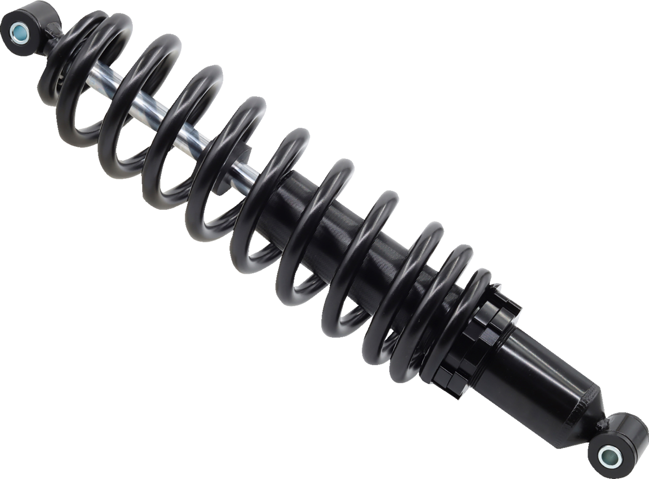A black, coiled metal shock absorber with a visible silver piston rod and mounting eyelets at each end, designed to dampen vibrations in vehicles. The part is angled on a plain white background.