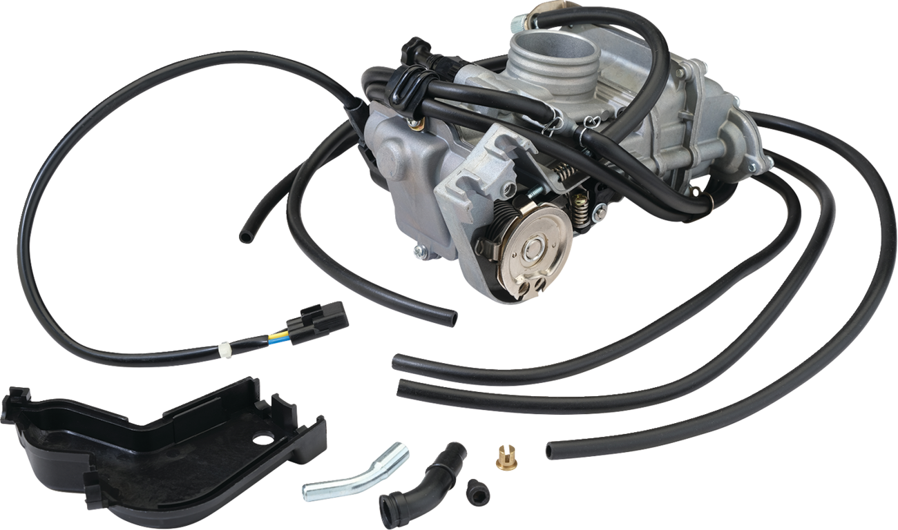 A motorcycle carburetor assembly with various attached black hoses, an electrical connector, and metal fittings. The set includes a black plastic cover, two small metal pipes, a brass nozzle, and a rubber elbow connector, all arranged on a white backgroun