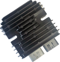 A rectangular black electronic component with multiple parallel fins for heat dissipation. Two gray rectangular connectors are attached at the bottom edge. The device is photographed against a plain white background.