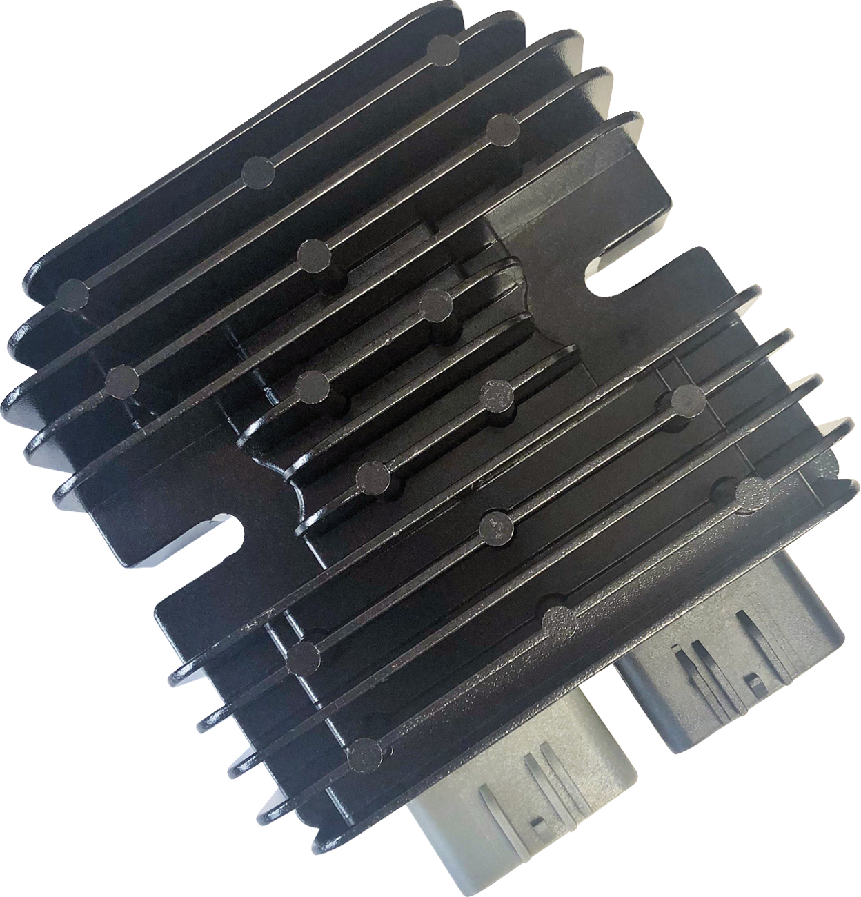 A rectangular black electronic component with multiple parallel fins for heat dissipation. Two gray rectangular connectors are attached at the bottom edge. The device is photographed against a plain white background.