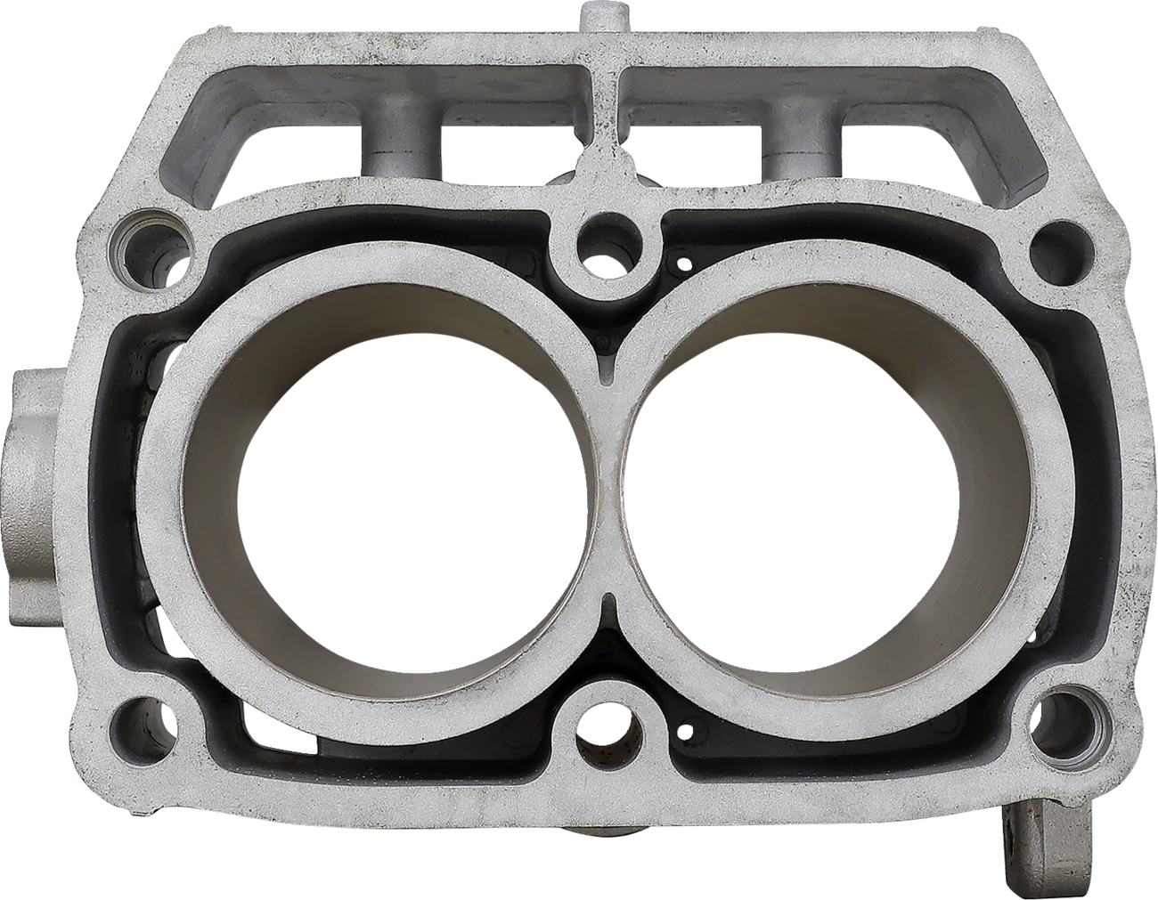 A metallic engine component with two large, adjacent circular openings in the center, surrounded by an oval frame. Several smaller holes and grooves appear around the edges, indicating attachment points. The surface is silver-gray and smooth.