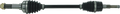 A car drive shaft with two black rubber CV (constant velocity) joint boots at each end, metallic joints and splined ends, and a solid black connecting rod in the center, shown on a plain white background.