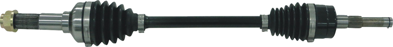 A car drive shaft with two black rubber CV (constant velocity) joint boots at each end, metallic joints and splined ends, and a solid black connecting rod in the center, shown on a plain white background.