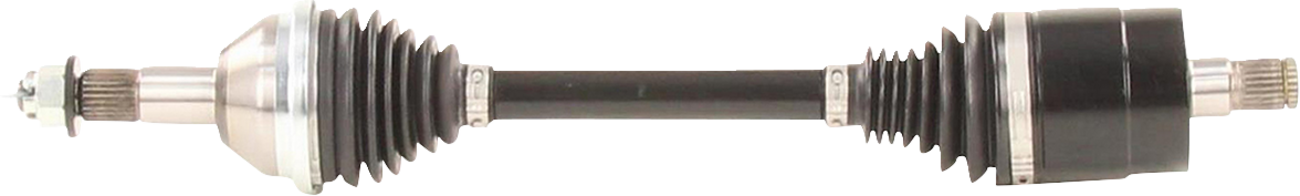 A car CV axle shaft with rubber boots on both ends, metal joints, and a central metal rod. The left and right ends are fitted with splined shafts and protective black accordion-style boots. The background is plain white.