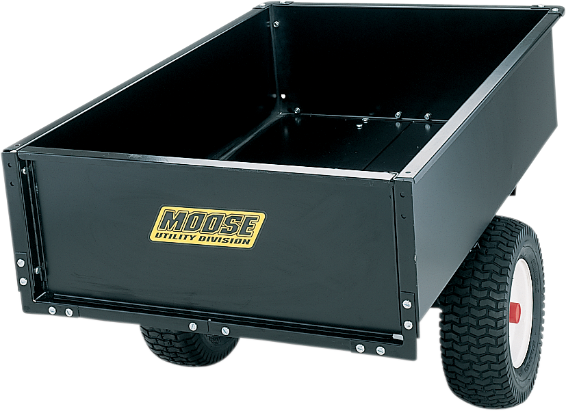 A black utility trailer with thick, treaded tires and a Moose Utility Division logo on the side. The open trailer is empty and has metal sides, suitable for carrying tools or equipment. The wheels have white centers with red hubs.