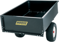 A black utility trailer with thick, treaded tires and a Moose Utility Division logo on the side. The open trailer is empty and has metal sides, suitable for carrying tools or equipment. The wheels have white centers with red hubs.