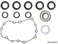 A set of seals, ball bearings, a large gasket, and a small paper gasket from the 8 Portal Gear Lift Seal and Bearing Rebuild Kits are arranged neatly on a white background with the SuperATV logo in the lower right corner.
