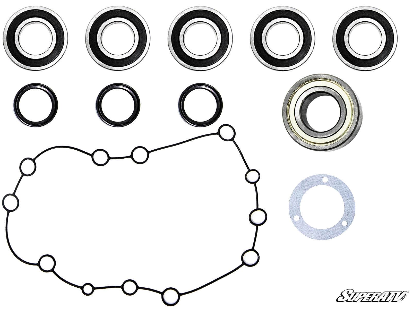 A set of seals, ball bearings, a large gasket, and a small paper gasket from the 8 Portal Gear Lift Seal and Bearing Rebuild Kits are arranged neatly on a white background with the SuperATV logo in the lower right corner.