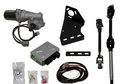 The Polaris Ranger XP 900 Power Steering Kit is displayed on a white background, featuring a motor unit, black mounting bracket, control module, wiring, steering shafts with joints, and hardware packs with bolts, nuts, and connectors.
