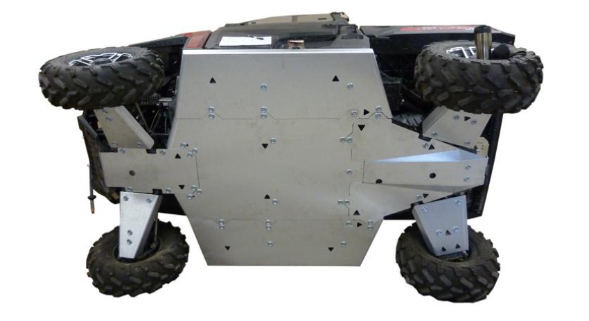 The Polaris Ranger Skid Plate Full Set (aluminium) for 900 XP and 1000 Diesel provides full undercarriage protection, featuring durable panels with multiple bolts and rugged design ideal for rough terrain.