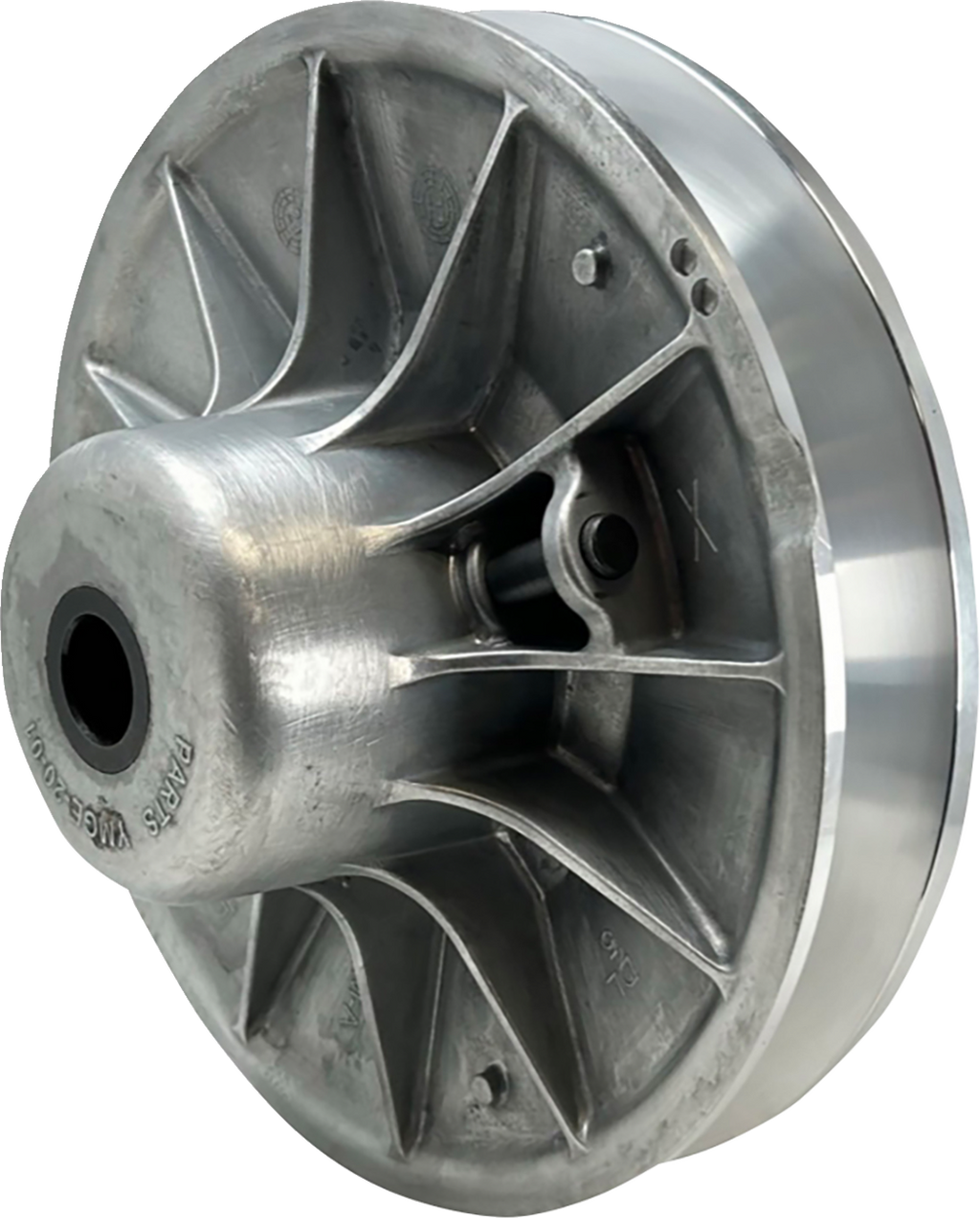 A close-up view of a silver metallic pulley wheel with angular, radiating spokes and a central hub. The surface is smooth and shiny, with visible manufacturing marks and circular grooves around the rim. The part appears clean and industrial.