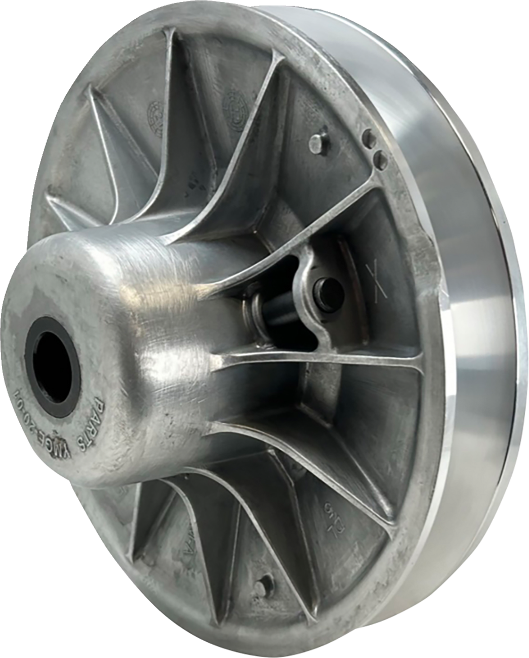A close-up view of a silver metallic pulley wheel with angular, radiating spokes and a central hub. The surface is smooth and shiny, with visible manufacturing marks and circular grooves around the rim. The part appears clean and industrial.