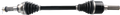 A close-up view of a car CV (constant velocity) axle shaft with black rubber boots on both ends and metallic splined tips. The shaft is straight and dark-colored, showing clean, detailed mechanical parts.