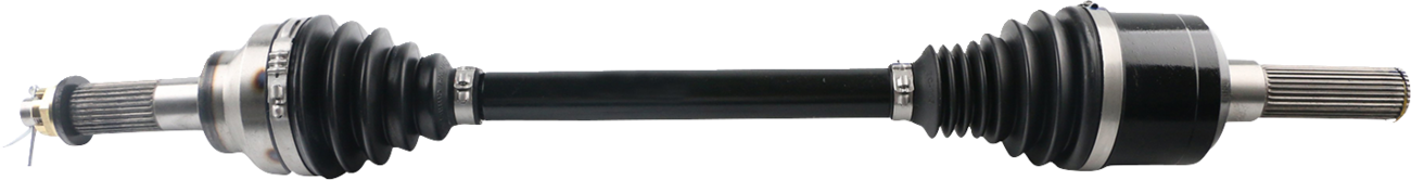 A close-up view of a car CV (constant velocity) axle shaft with black rubber boots on both ends and metallic splined tips. The shaft is straight and dark-colored, showing clean, detailed mechanical parts.