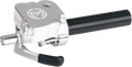A precision-machined metal throttle assembly with a silver body, black grip, and lever is shown. The top features a white logo. The assembly has visible screws and a textured section near the front for grip or adjustment.