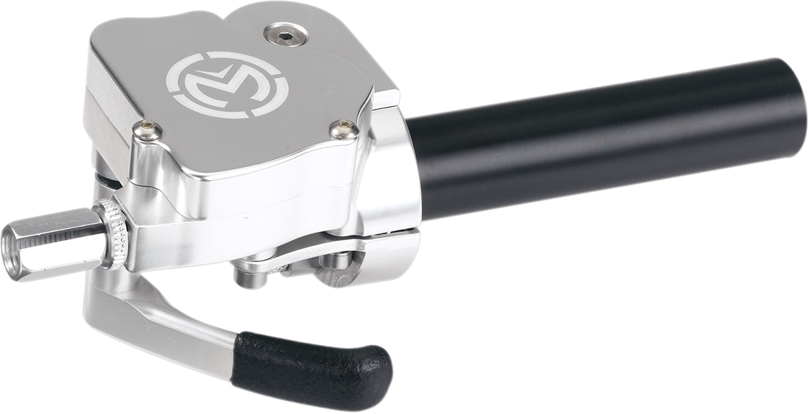 A precision-machined metal throttle assembly with a silver body, black grip, and lever is shown. The top features a white logo. The assembly has visible screws and a textured section near the front for grip or adjustment.