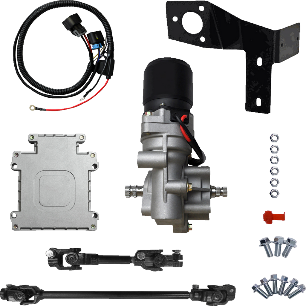 A car electric power steering conversion kit is displayed, including a motor assembly, wiring harness, mounting bracket, electronic control unit, U-joint steering shafts, various bolts, nuts, and a red plastic cap, all arranged on a white background.