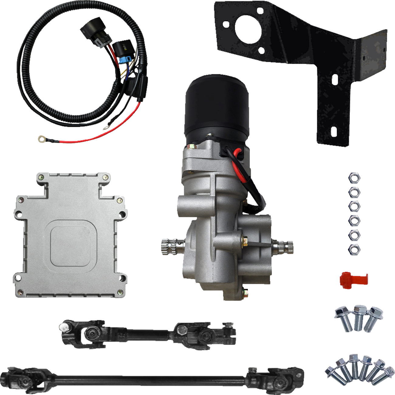A car electric power steering conversion kit is displayed, including a motor assembly, wiring harness, mounting bracket, electronic control unit, U-joint steering shafts, various bolts, nuts, and a red plastic cap, all arranged on a white background.