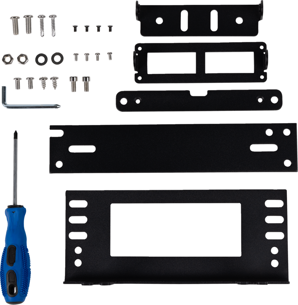 A hardware kit with black metal brackets, various screws, washers, nuts, a small L-shaped hex key, and a blue-handled screwdriver, all neatly arranged on a white background. The largest bracket has a rectangular cutout and several side holes.
