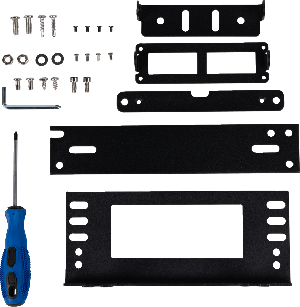 A hardware kit with black metal brackets, various screws, washers, nuts, a small L-shaped hex key, and a blue-handled screwdriver, all neatly arranged on a white background. The largest bracket has a rectangular cutout and several side holes.