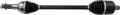 A close-up image of a black automotive CV axle shaft with metal ends and ribbed rubber boots on both sides, displayed on a white background, showing its core structure and detailing.