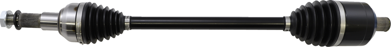 A close-up image of a black automotive CV axle shaft with metal ends and ribbed rubber boots on both sides, displayed on a white background, showing its core structure and detailing.