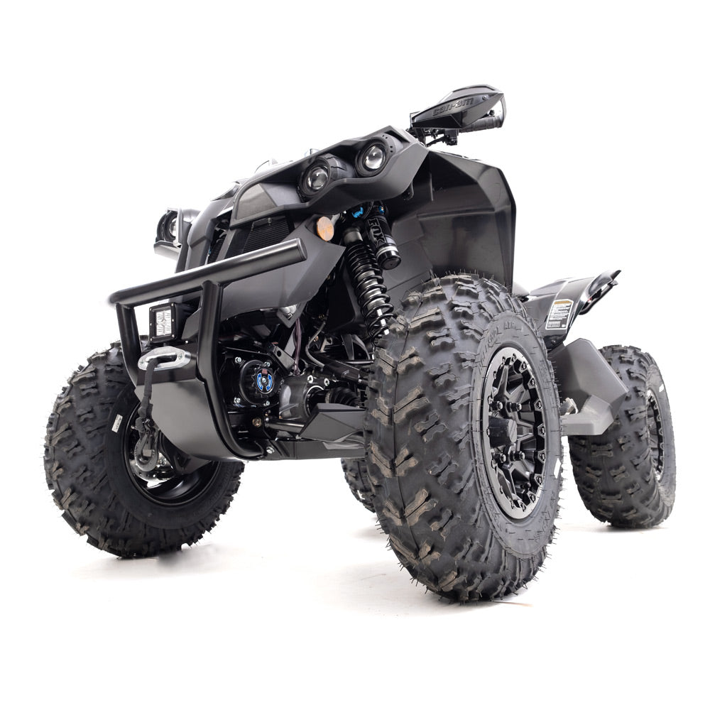 A low-angle view of a black Can Am Renegade ATV (2012–2020) featuring rugged tires, exposed suspension, angular bodywork, dual headlights, and equipped with the HMF Front Heavy Duty Bumper, shown on a white background to highlight its off-road design.