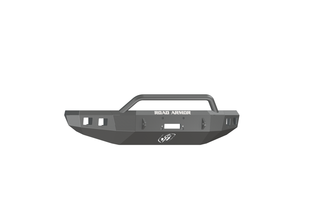 The 2014-2021 Toyota Tundra Stealth Front Winch Bumper Pre-Runner Guard in texture black features a matte, angular design with ROAD ARMOR in white, square side cutouts, a center logo, and suits Warn M12000 or Smittybilt XRC winches.