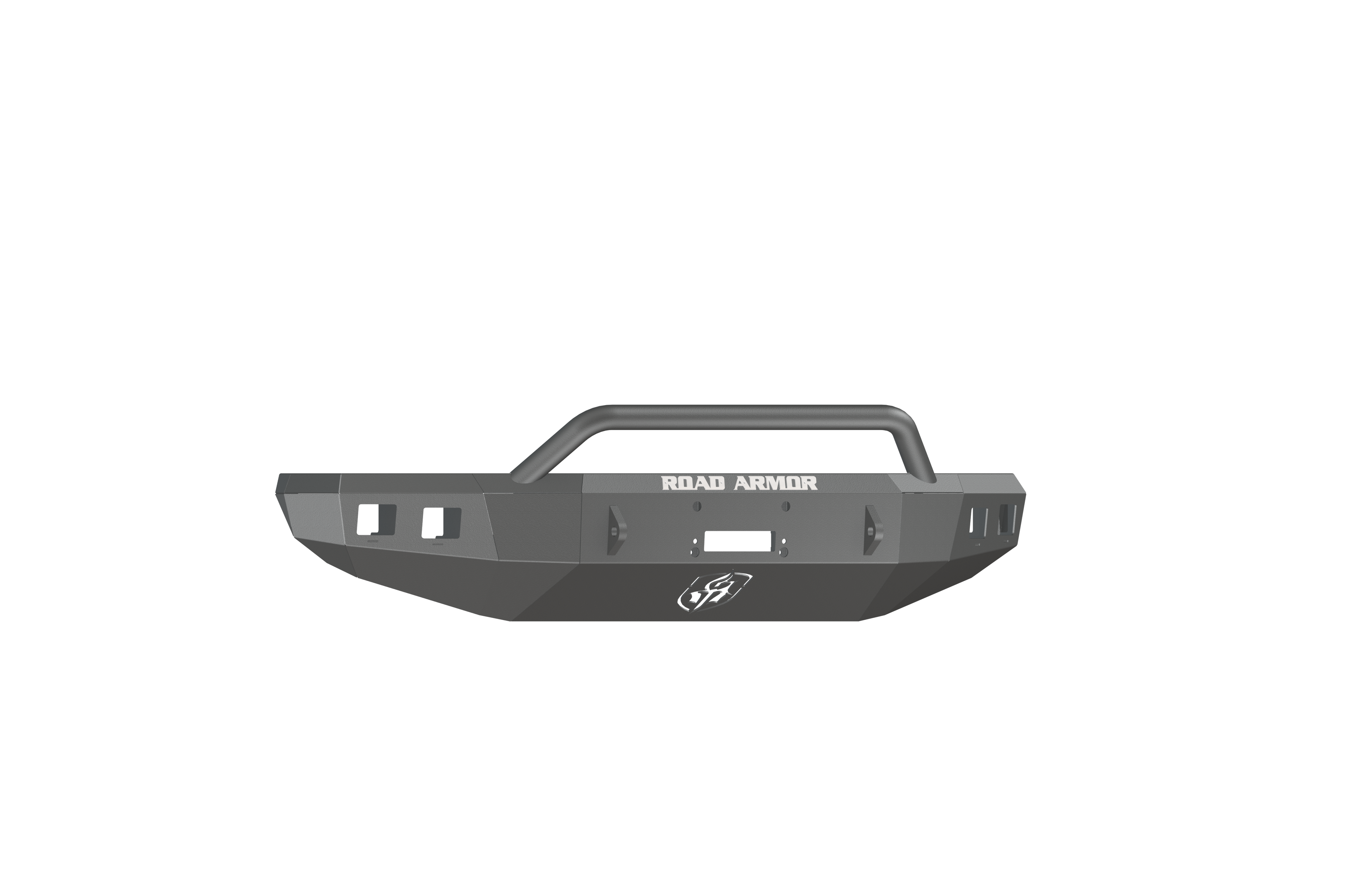 The 2014-2021 Toyota Tundra Stealth Front Winch Bumper Pre-Runner Guard in texture black features a matte, angular design with ROAD ARMOR in white, square side cutouts, a center logo, and suits Warn M12000 or Smittybilt XRC winches.